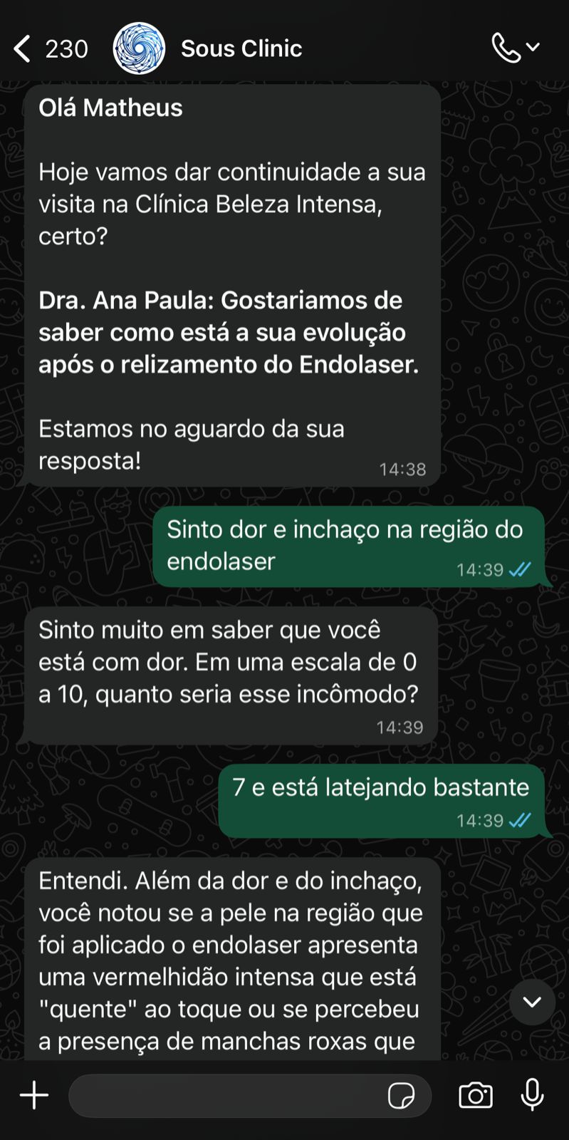 Conversa no WhatsApp entre a IA da Sous Clinic e uma paciente no acompanhamento pós-procedimento